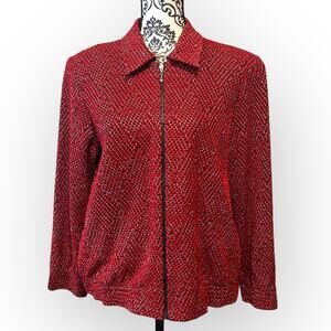 Alfred Dunner Jacket 10 Petite Zip Front Red Black Metallic Geometric Print